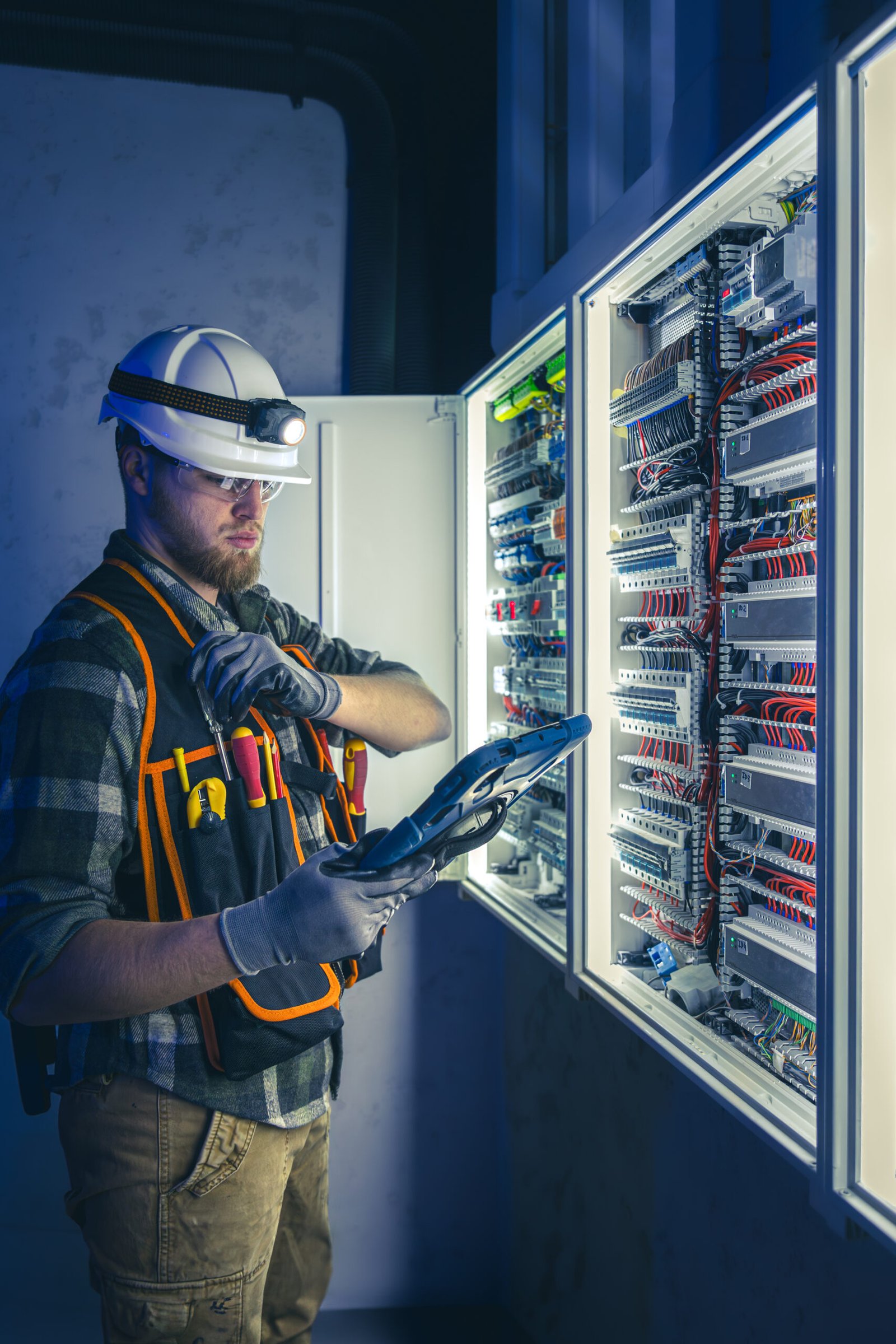 Electrician focused on work in switchboard with fuses, using tablet. Young adult electrical engineer in special clothes with flashlight on helmet in dark room with emergency lights in background.